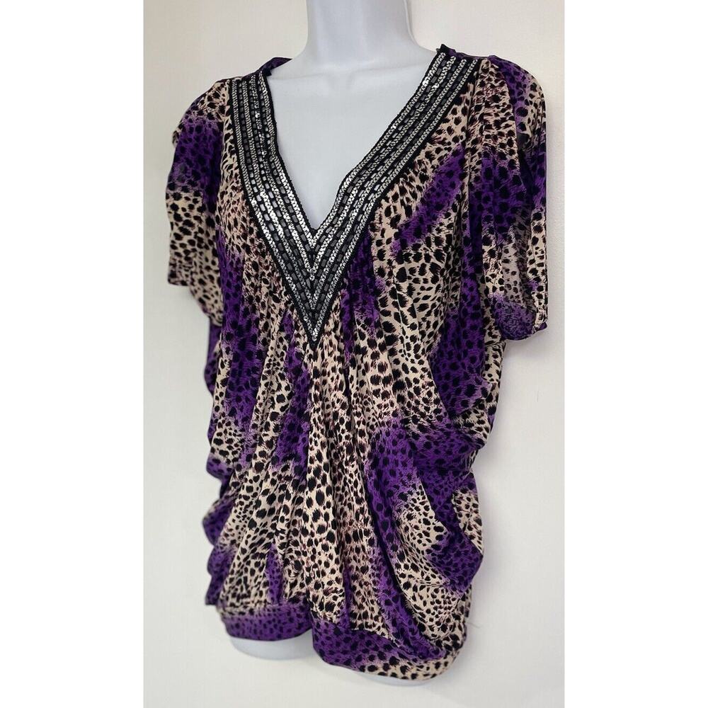 Women Blouse Size L Purple Animal Print Top Blouse B16